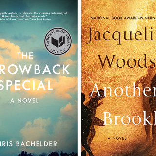 Book covers: Chris Bachelder's "The Throwback Special" on left and Jacqueline Woodson's "Another Brooklyn" on right