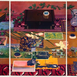 Brightly colored triptych depicting an ornately patterned rug with various objects arranged on it