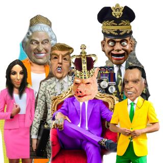 Peer Gynt trolls: colorful, cartoonish figures with the heads of a pig, Richard Nixon, Donald Trump and others