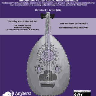 Purple event flier featuring a greyscale image of an Oud