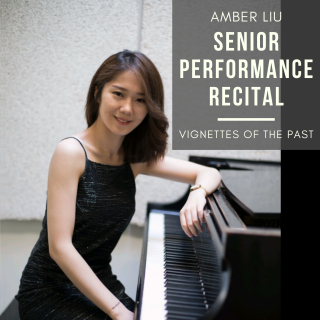 Event poster showing Liu wearing a black dress, seated at a piano
