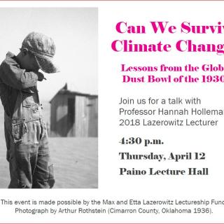 "Can We Survive Climate Change?" lecture poster featuring a black-and-white photo of a child during the Dust Bowl