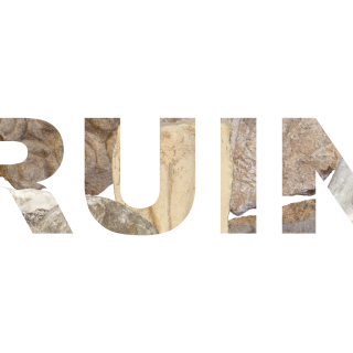 Against a white background is the word "RUIN," with its letters patterned by different stoneware elements