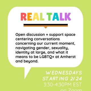 Real Talk Poster, Pale Lime green background, title is in QTPOC flag colors, other text in black or white.