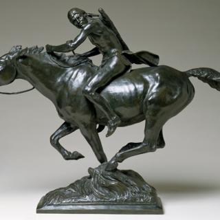 Sculpture depicting a horse and rider, by Alexander Phimister Proctor, titled "Pursued," cast in 1928. Mead Art Museum AC S.1933.3