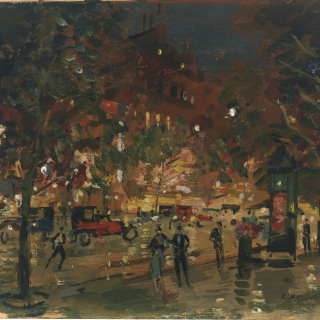 Impressionistic painting of people, vehicles and trees on a city street
