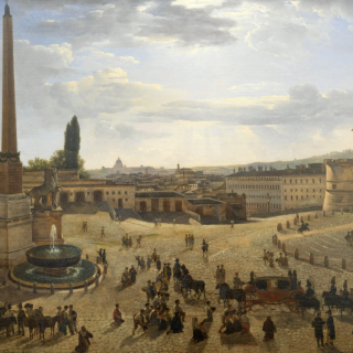 Painting of a cobblestoned city square filled with people and horse-drawn carriages