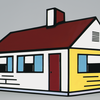 Primary-colored illustration of a house against a gray background