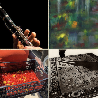 Photo of Darryl Harper '90 playing clarinet; abstract painting by Naya Gabriel; produce from Book & Plow Farm; and black-and-white print by Kevin Pomerleau