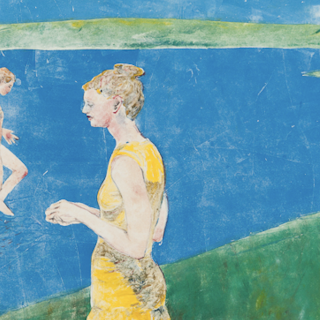 Abstract print featuring person in yellow in the foreground; person in swimsuit emerging from blue and green in background