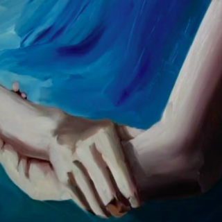 An oil painting depicts two hands grasping each other against an oceanic background