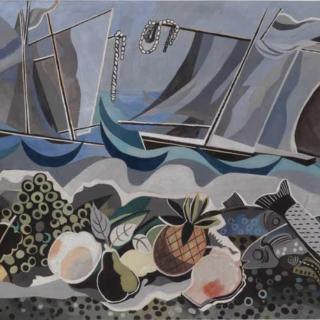 Abstract still life of fruits, with fish and seascape.