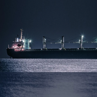 A large ship at night