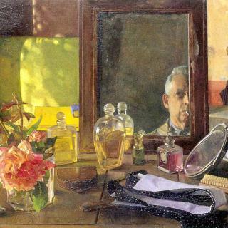 Painting showing the reflection of part of a man's face in a mirror; the mirror sits on a tabletop that is cluttered with flowers, perfume bottles, and other personal items