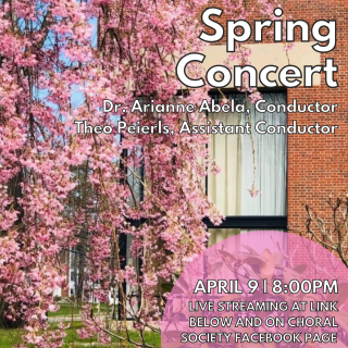 Event poster showing a tree with bright pink blossoms outside the Arms Music Center