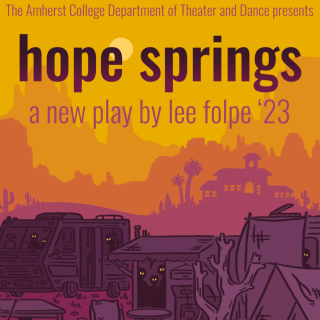 Event poster in shades of purple, orange and gold, with an illustration of shadowy figures with glowing eyes inside vehicles and shacks in front of a desert landscape