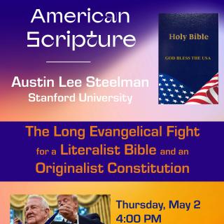 Event poster featuring a photo of Trump awarding a medal, and an image of a Bible with an American flag on the cover.