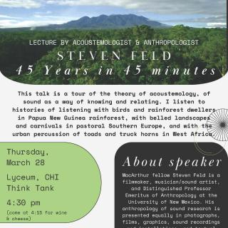 Event poster featuring a photo of a forested mountain landscape and a biographical paragraph about Steven Feld