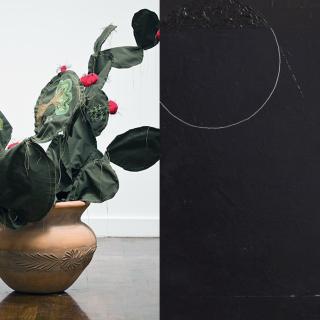 Four photographs side-by-side: A close-up photo of a nose and mouth with blue lipstick; a photo of a sculpture of a Nopal cactus; a photo of a mostly black square painting; and a graphic image that collages illustrations and photos on a black floral background