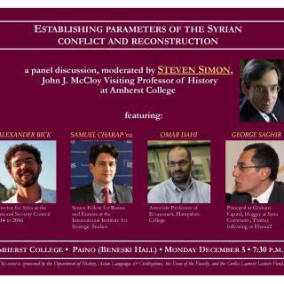 Event poster featuring photos of the panel moderator and four participants