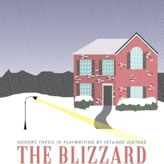 Event poster featuring an illustration of a brick house and streetlamp in the snow