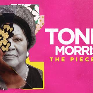 Collage portrait of Toni Morrison with a fabric flower covering part of her face, next to the words "TONI MORRISON: THE PIECES I AM"