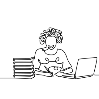 drawing depicting of a female working at the desk with laptop and books
