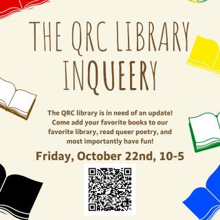 Event poster with illustrations of open books of various colors