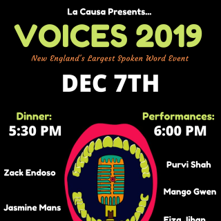 Event poster featuring an illustration of an open mouth behind a microphone. The poster advertises dinner at 5:30 p.m.; performances at 6 p.m.; and the names of featured poets: Zack Endoso, Jasmine Mans, Gretchen Carvajal, Purvi Shah, Mango Gwen, Fiza Jihan and Ari Perezdiez