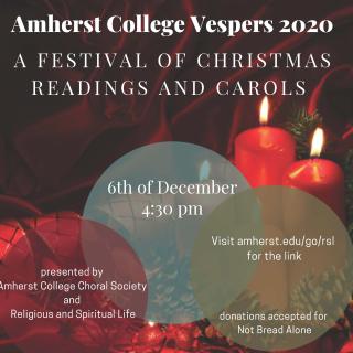 Amherst College Vespers 2020 poster, featuring text on a background of red ribbon, red candles, pinecones and pine boughs