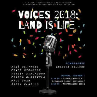 Voices poster with event details, microphone and confetti