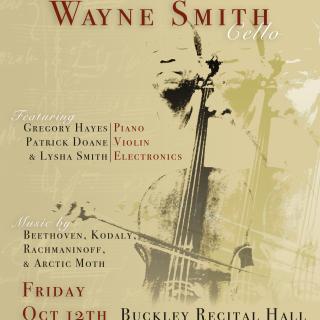 Event poster featuring an illustration of a man playing a cello