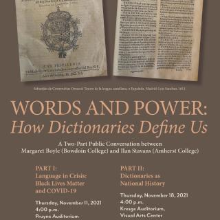 Event poster featuring images of pages of a Spanish dictionary from 1611