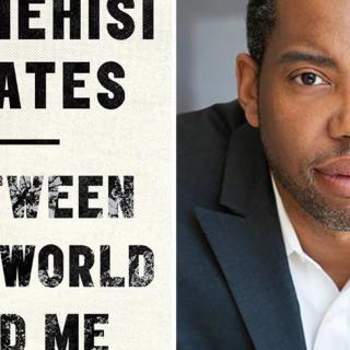 "Between the World and Me" book cover on left, photo of Ta-Nehisi Coates on right