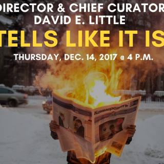 Event poster showing a person standing outdoors in the snow, holding open a newspaper that is on fire 