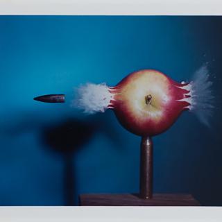 Image of a bullet tearing through an apple that is held up on a metal post