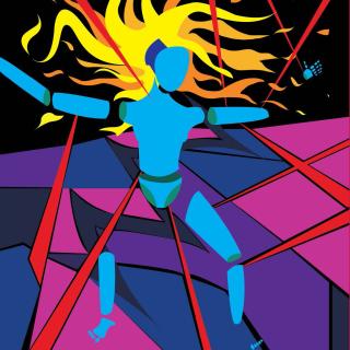 Colorful stylized image of a segmented human figure standing on a fragmented landscape in front of flames