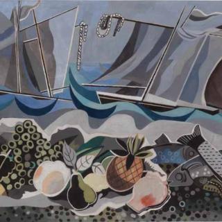 Abstract print depicting a still life of fruits in the foreground and a waterscape in the background.