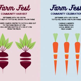 Two event posters: one featuring an illustration of two beets; the other featuring an illustration of three carrots