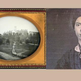 A framed 19th-century photo of the Amherst College campus sits beside a photo of Emily Dickinson, on a tan background, flanked by golden ferns