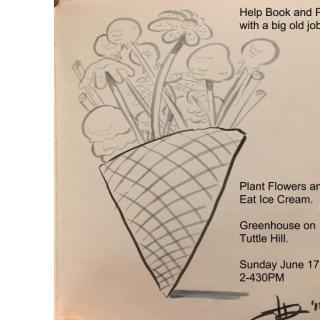 Ice Cream Cone with Flowers Inside. Text: Help Book and Plow with a big old job. 