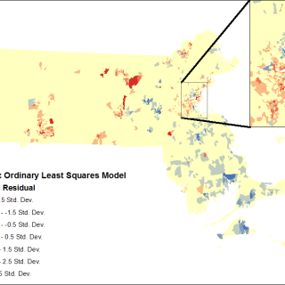 This is a geographic representation of a model of the hispanic population in Massachusetts, showing deviations from the model. Urban areas are under-represented, while the southeastern part of the state is over-represented.