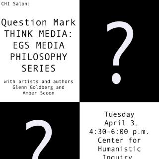 Black-and-white event flyer featuring large question marks