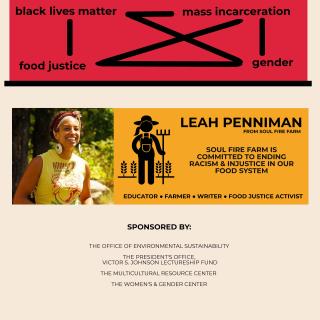 Event poster featuring a photo of Leah Penniman and a cartoon of a farmer standing in a field