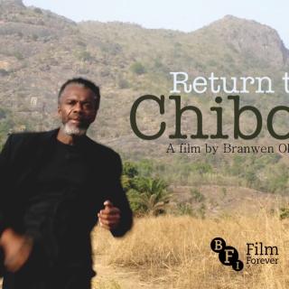 The image features a man running in a field with dry tall grass, scrub and mountains in the background. He is a thin black man, older than middle aged, wearing a tailored black suit, shortly trimmed hair and a graying neatly trimmed beard. The image is a still from the film "Return to Chibok". The title is written on the image, with the filmmaker's name, Branwen Okpako underneath. Film accolades noted on the lower right of the image include: “Official selection Film Africa 2022”, and “BFF Film Forever."