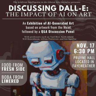 Poster for event showing a robot that is an example of AI-generated art 