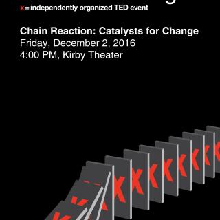 Event poster featuring a row of gray tiles with red X's, lined up like dominoes