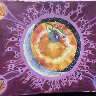 A mostly purple painting. At center is a large planet-like body, circled by tendrils which connect to four triangles representing fire, water, air and earth.
