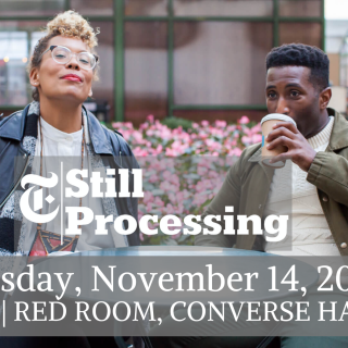 Event poster showing the two hosts of "Still Processing" sitting outdoors