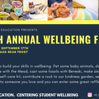 Blue background with yellow letters announcing the "7th Annual Wellbeing Fair" on the main quad near frost from noon to 2 p.m. Pictures of a baby bunny, dog, lavender, dinosaur footprint and colored pencils line the top of the poster.